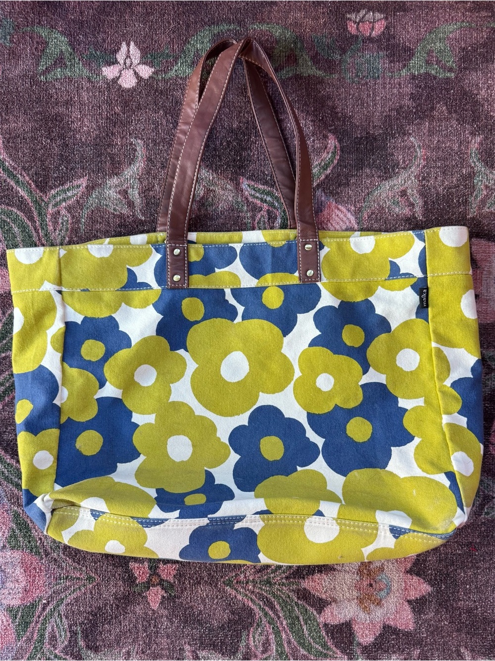 Maika Floral Green & Blue Canvas Essential Tote Hana Bag with Brown Handles